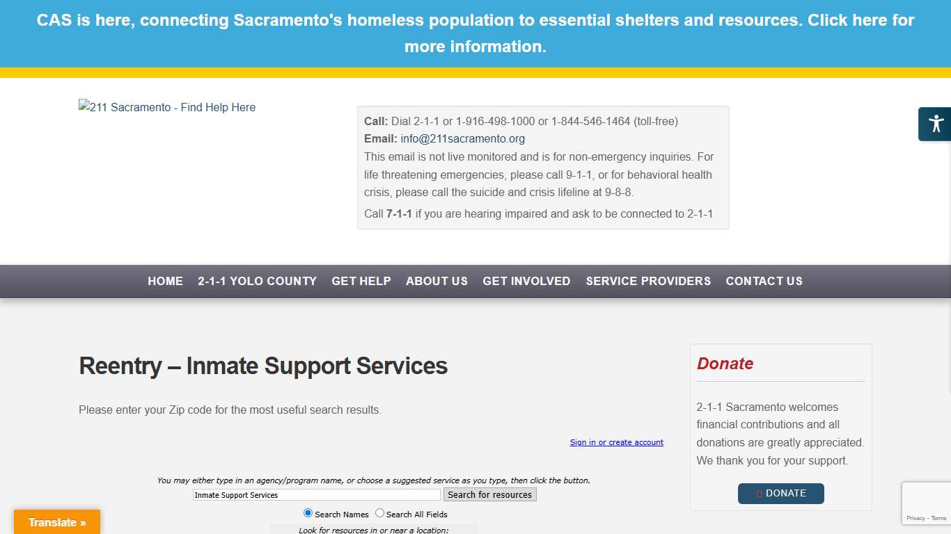 Reentry - Inmate Support Services 211 Sacramento